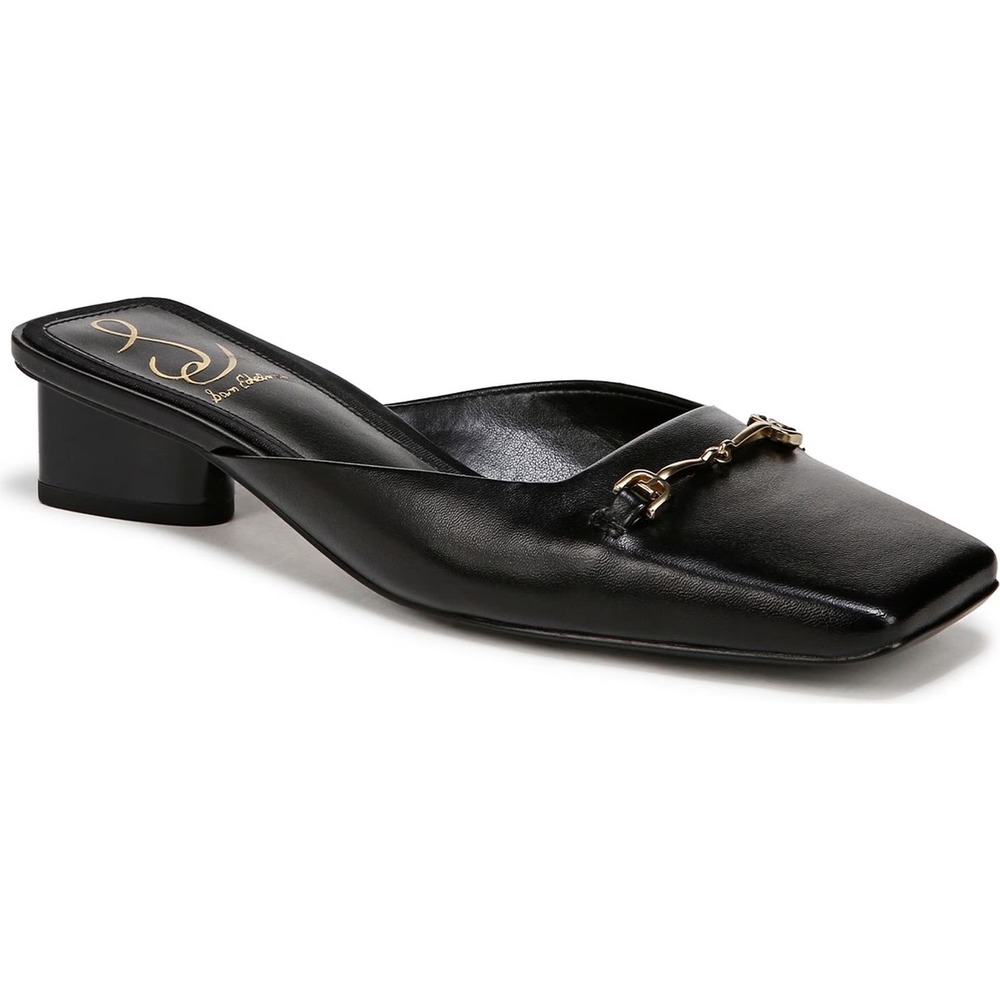 Sam Edelman Black Leather Bit Square Toe Block Heel Mules Shoes Womens 9